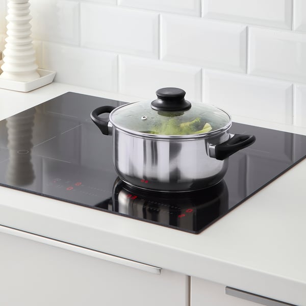 ANNONS Set di 3 pentole e 2 coperchi, vetro/inox