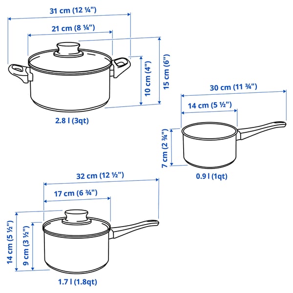 ANNONS Set di 3 pentole e 2 coperchi, vetro/inox