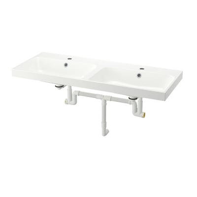 BACKSJÖN Lavabo doppio con sifone, bianco, 120x48 cm