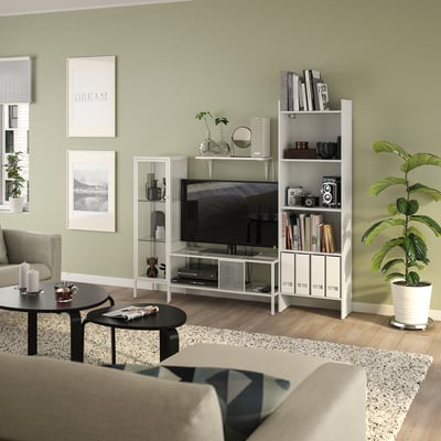BAGGEBO Combinazione per TV, metallo/bianco, 174x35x160 cm