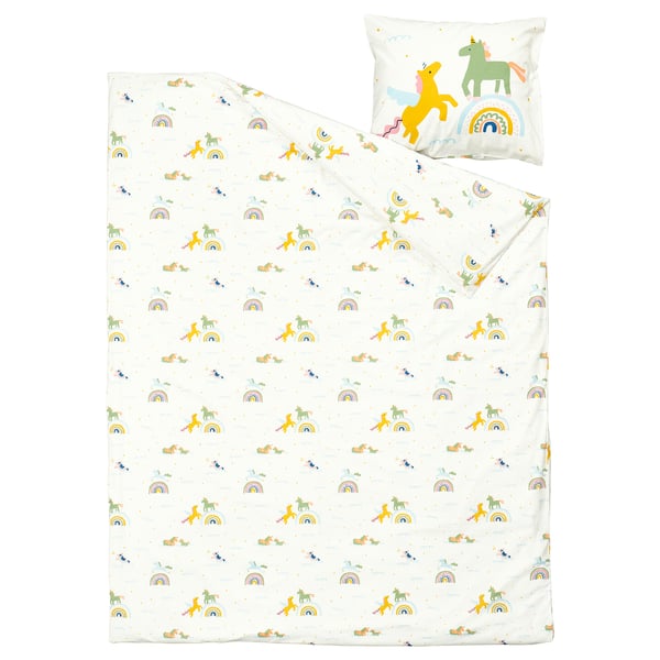 BARNDRÖM Copripiumino e federa, bianco fantasia/motivo unicorni, 150x200/50x60 cm