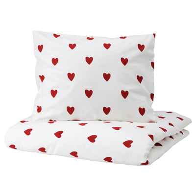 BARNDRÖM Copripiumino e federa, bianco rosso/motivo cuore flanella, 150x200/50x60 cm