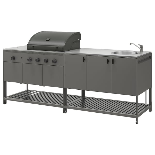 BÅTSKÄR Cucina esterno/BBQ gas/elem lavello, grigio scuro, 240x300 cm
