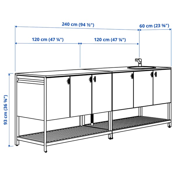 BÅTSKÄR Cucina esterno con elemento lavello, grigio scuro, 240x60 cm