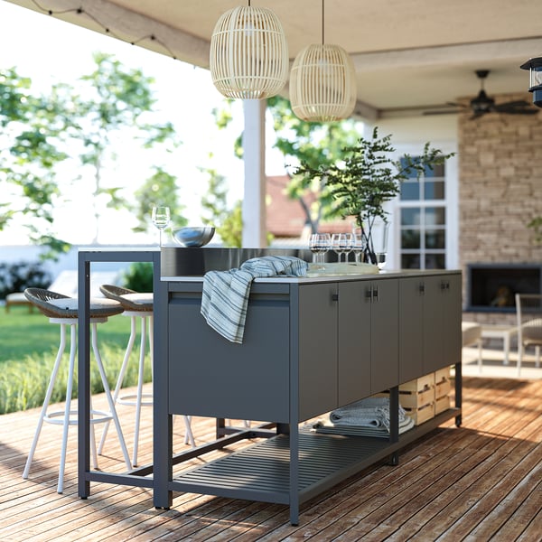 BÅTSKÄR Isola cucina esterno con tavolo bar, grigio scuro, 240x100 cm