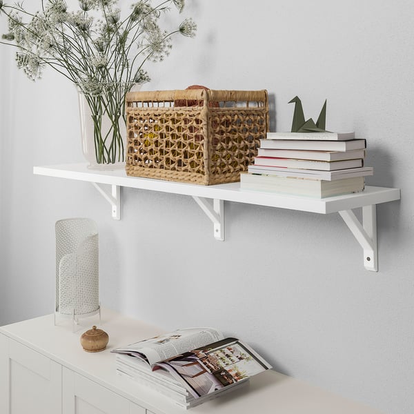 BERGSHULT / SANDSHULT Mensola e staffe, bianco/pioppo tremulo con mordente bianco, 120x30 cm