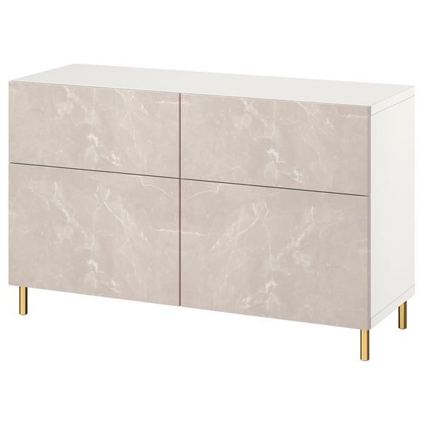 BESTÅ Combinazione + ante/cassetti, bianco Bergsviken/Ösarp/beige effetto marmo, 120x42x74 cm