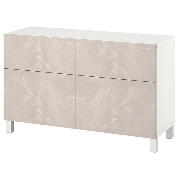 BESTÅ Combinazione + ante/cassetti, bianco Bergsviken/Stubbarp/beige effetto marmo, 120x42x74 cm