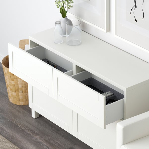 BESTÅ Combinazione + ante/cassetti, bianco/Hanviken/Stubbarp bianco, 120x42x74 cm