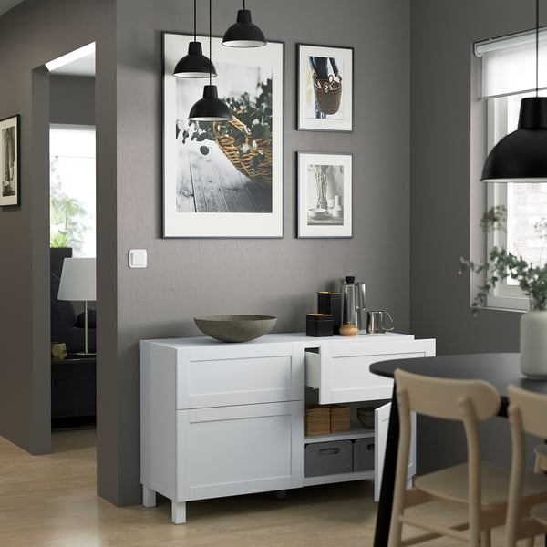 BESTÅ Combinazione + ante/cassetti, bianco/Hanviken/Stubbarp bianco, 120x42x74 cm