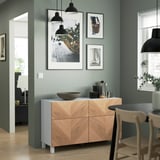BESTÅ Combinazione + ante/cassetti, bianco/Hedeviken/Stubbarp impiallacciatura di rovere, 120x42x74 cm