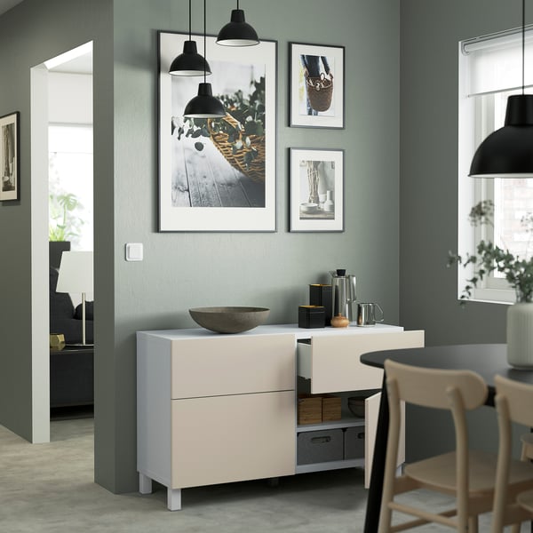 BESTÅ Combinazione + ante/cassetti, bianco/Lappviken/Stubbarp grigio chiaro-beige, 120x42x74 cm