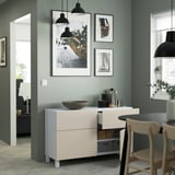 BESTÅ Combinazione + ante/cassetti, bianco/Lappviken/Stubbarp grigio chiaro-beige, 120x42x74 cm
