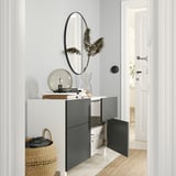 BESTÅ Combinazione + ante/cassetti, bianco/Lappviken/Stubbarp grigio scuro, 120x42x74 cm