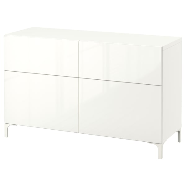 BESTÅ Combinazione + ante/cassetti, bianco/Selsviken lucido/bianco, 120x42x74 cm