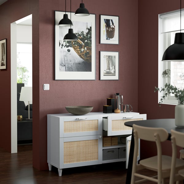 BESTÅ Combinazione + ante/cassetti, bianco Studsviken/Kabbarp/bianco pioppo intrecciato, 120x42x74 cm