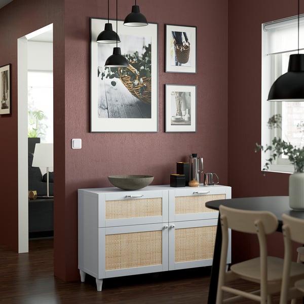 BESTÅ Combinazione + ante/cassetti, bianco Studsviken/Kabbarp/bianco pioppo intrecciato, 120x42x74 cm