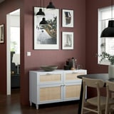 BESTÅ Combinazione + ante/cassetti, bianco Studsviken/Kabbarp/bianco pioppo intrecciato, 120x42x74 cm