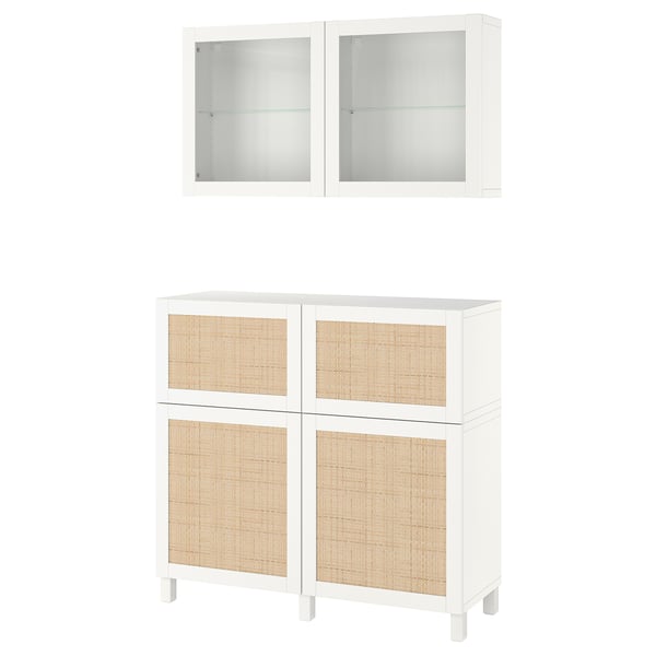 BESTÅ Combinazione + ante/cassetti, bianco Studsviken/Stubbarp/bianco pioppo intrecciato, 120x42x213 cm
