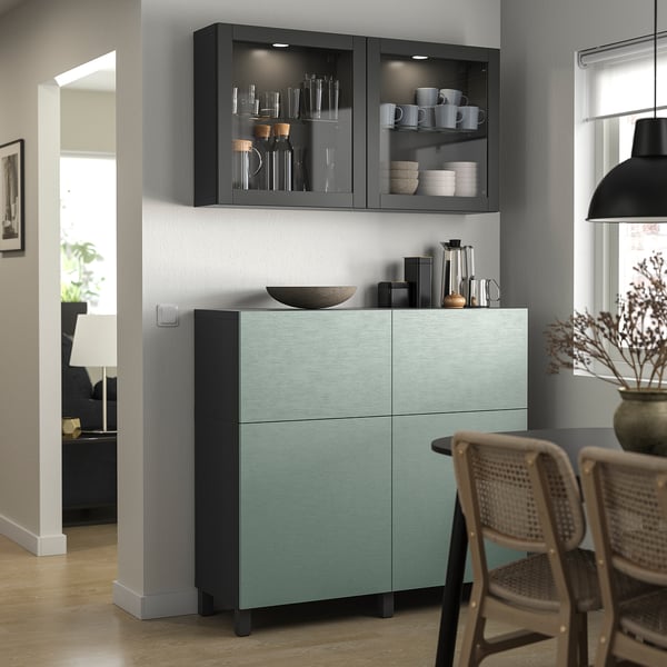 BESTÅ Combinazione + ante/cassetti, grigio scuro Sindvik/Stubbarp/Hjortviken grigio pallido-verde, 120x42x213 cm