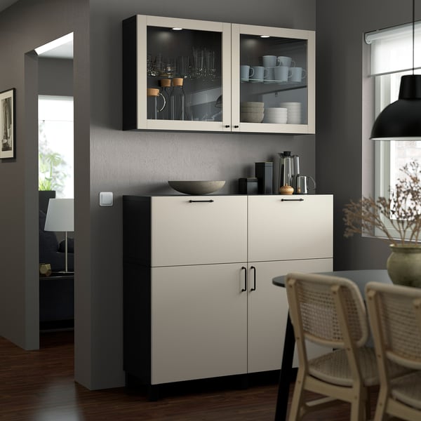BESTÅ Combinazione + ante/cassetti, marrone-nero Lappviken/Stubbarp/grigio chiaro-beige vetro trasparente, 120x42x213 cm