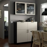 BESTÅ Combinazione + ante/cassetti, marrone-nero Lappviken/Stubbarp/grigio chiaro-beige vetro trasparente, 120x42x213 cm