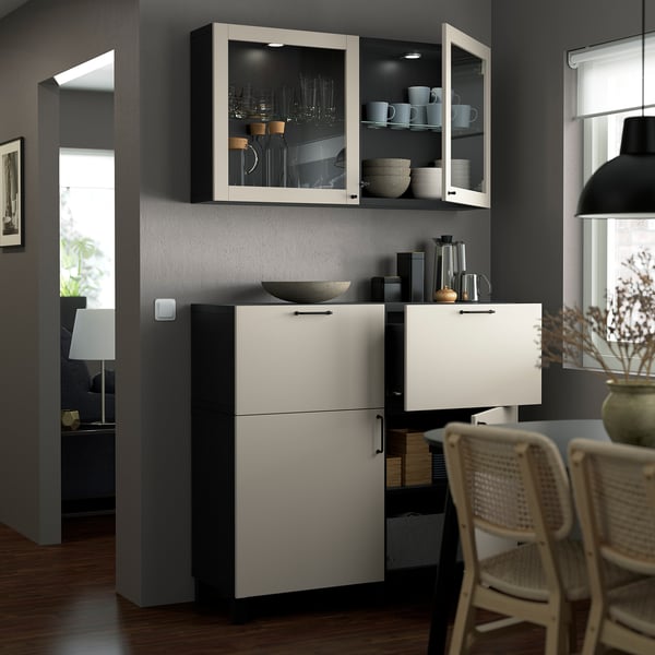 BESTÅ Combinazione + ante/cassetti, marrone-nero Lappviken/Stubbarp/grigio chiaro-beige vetro trasparente, 120x42x213 cm