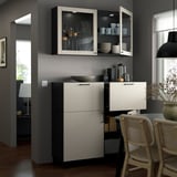 BESTÅ Combinazione + ante/cassetti, marrone-nero Lappviken/Stubbarp/grigio chiaro-beige vetro trasparente, 120x42x213 cm
