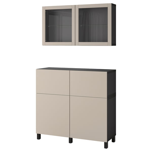 BESTÅ Combinazione + ante/cassetti, marrone-nero Lappviken/Stubbarp/grigio chiaro-beige vetro trasparente, 120x42x213 cm