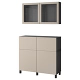 BESTÅ Combinazione + ante/cassetti, marrone-nero Lappviken/Stubbarp/grigio chiaro-beige vetro trasparente, 120x42x213 cm