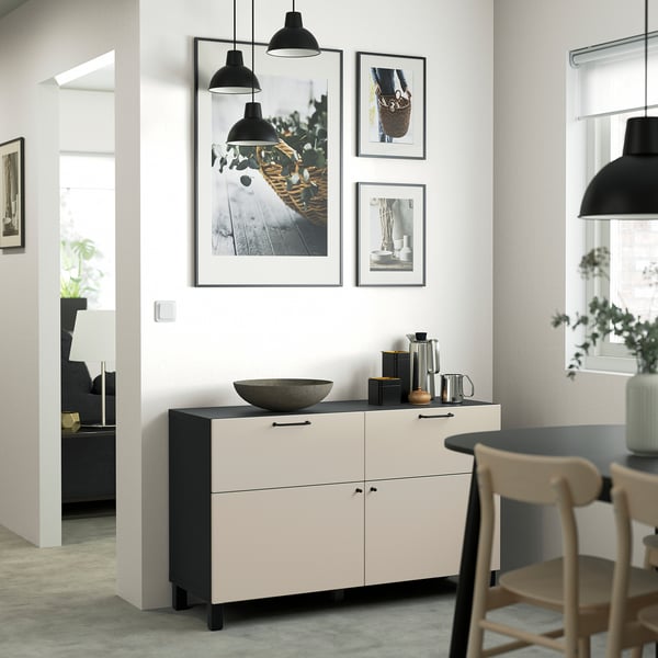 BESTÅ Combinazione + ante/cassetti, marrone-nero/Lappviken/Stubbarp grigio chiaro-beige, 120x42x74 cm