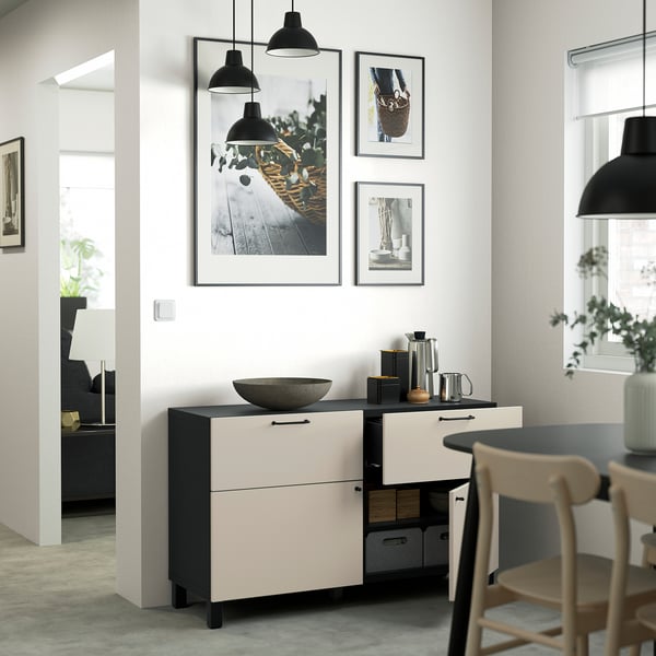 BESTÅ Combinazione + ante/cassetti, marrone-nero/Lappviken/Stubbarp grigio chiaro-beige, 120x42x74 cm