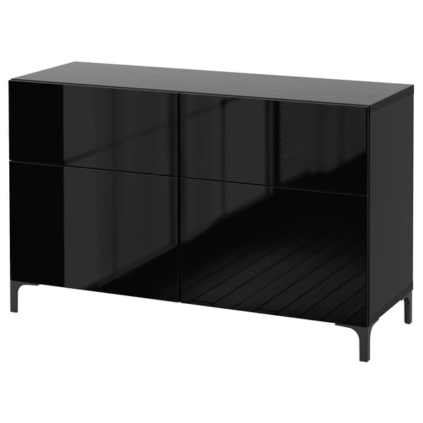 BESTÅ Combinazione + ante/cassetti, marrone-nero/Selsviken lucido/nero, 120x42x74 cm