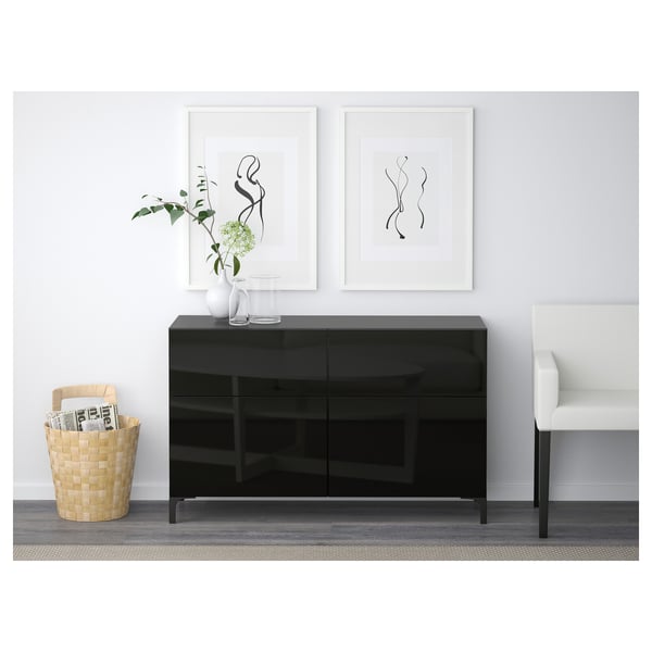 BESTÅ Combinazione + ante/cassetti, marrone-nero/Selsviken lucido/nero, 120x42x74 cm