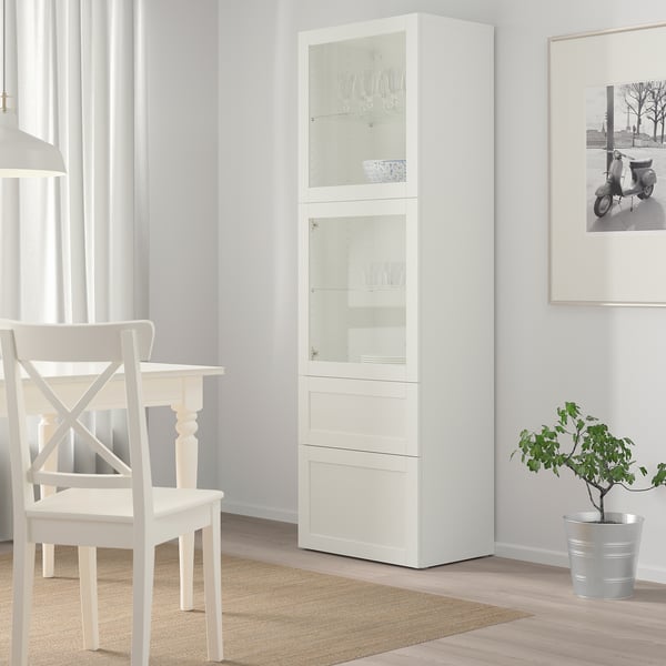 BESTÅ Combinazione con ante a vetro, bianco/Hanviken vetro trasparente bianco, 60x42x193 cm