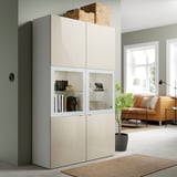 BESTÅ Combinazione con ante a vetro, bianco/Selsviken lucido/vetro trasparente beige, 120x42x193 cm