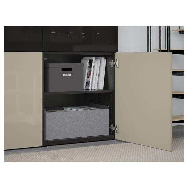 BESTÅ Combinazione con ante a vetro, marrone-nero/Selsviken lucido/vetro fumé beige, 120x42x193 cm