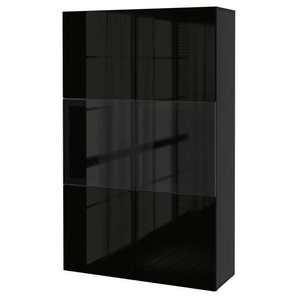 BESTÅ Combinazione con ante a vetro, marrone-nero/Selsviken lucido/vetro fumé nero, 120x42x193 cm