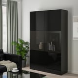 BESTÅ Combinazione con ante a vetro, marrone-nero/Selsviken lucido/vetro fumé nero, 120x42x193 cm