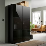 BESTÅ Combinazione con ante a vetro, marrone-nero/Selsviken lucido/vetro fumé nero, 120x42x193 cm