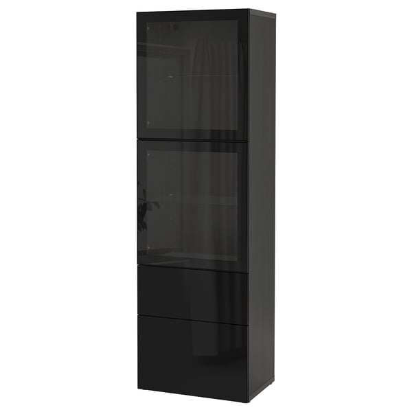 BESTÅ Combinazione con ante a vetro, marrone-nero/Selsviken lucido/vetro trasparente nero, 60x42x193 cm