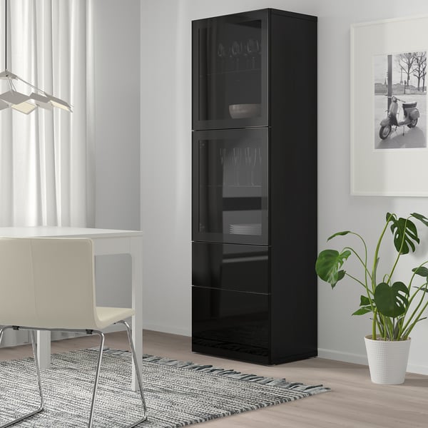 BESTÅ Combinazione con ante a vetro, marrone-nero/Selsviken lucido/vetro trasparente nero, 60x42x193 cm