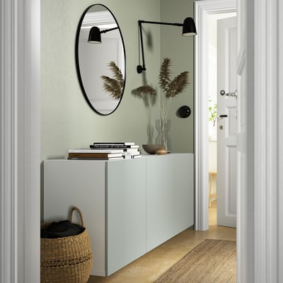 BESTÅ Combinazione di mobili da parete, bianco/Hjortviken grigio pallido-verde, 180x42x64 cm
