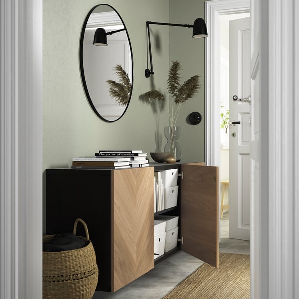 BESTÅ Combinazione di mobili da parete, marrone-nero Hedeviken/impiallacciatura di rovere, 180x42x64 cm
