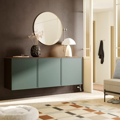 BESTÅ Combinazione di mobili da parete, marrone-nero Krukmakare/grigio scuro-verde effetto noce, 180x42x65 cm