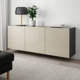 BESTÅ Combinazione di mobili da parete, marrone-nero/Selsviken lucido/beige, 180x42x64 cm