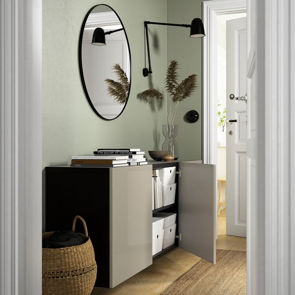 BESTÅ Combinazione di mobili da parete, marrone-nero/Selsviken lucido/beige, 180x42x64 cm