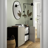 BESTÅ Combinazione di mobili da parete, marrone-nero/Selsviken lucido/beige, 180x42x64 cm