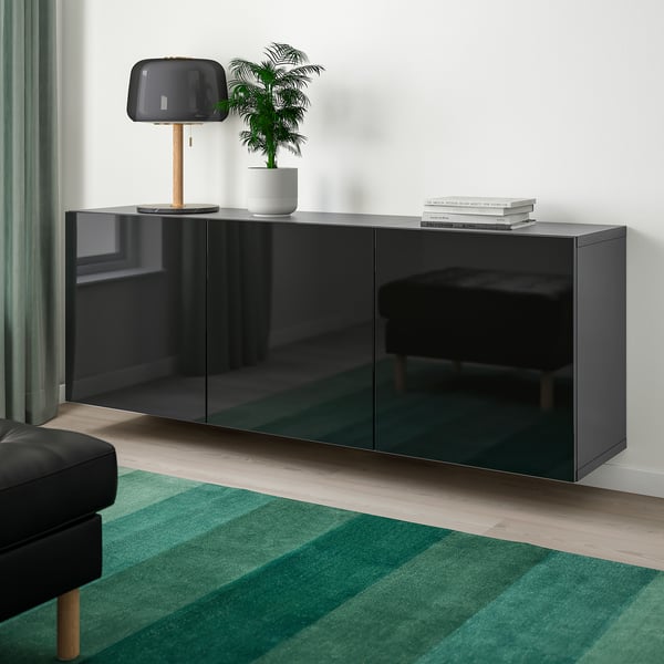 BESTÅ Combinazione di mobili da parete, marrone-nero/Selsviken lucido/nero, 180x42x64 cm