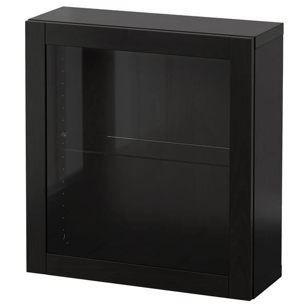 BESTÅ Combinazione di mobili da parete, marrone-nero/Sindvik vetro trasparente marrone-nero, 60x22x64 cm